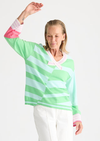 Crazy Stripe Vee Knit - Jelly Mint - ZP8823 WHITE - All About A Girl