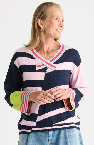 Crazy Stripe Vee Knit - Dark Denim