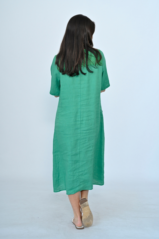 Linen Dress With Lace Yolk - Green