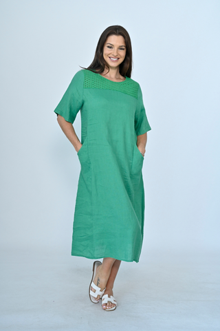 Linen Dress With Lace Yolk - Green