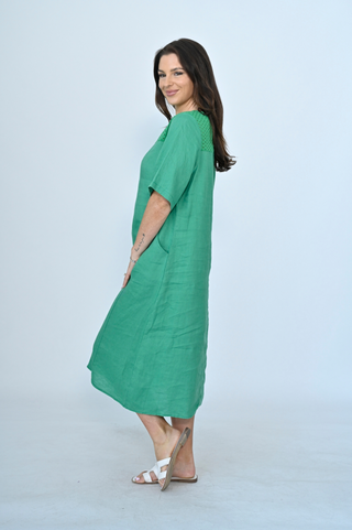 Linen Dress With Lace Yolk - Green