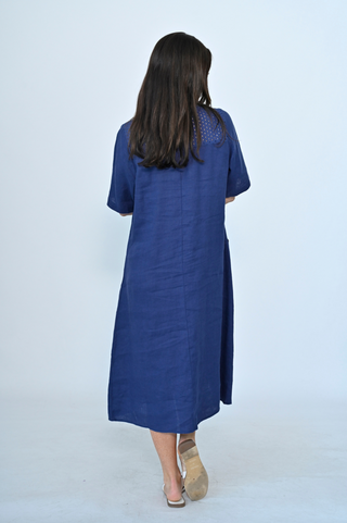 Linen Dress With Lace Yolk - Navy