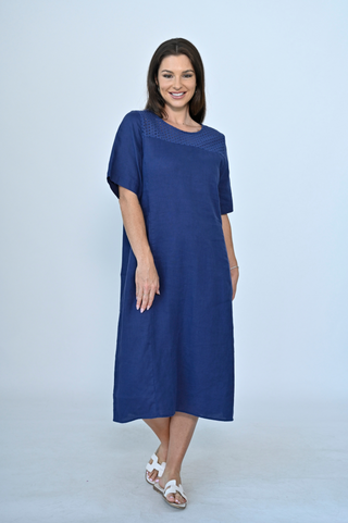 Linen Dress With Lace Yolk - Navy