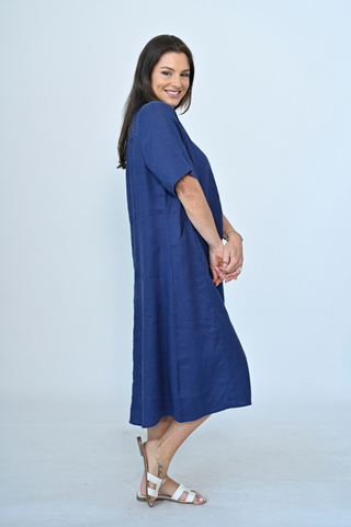 Linen Dress With Lace Yolk - Navy