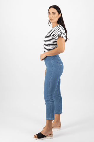 Denim 7/8 Length Pull On Pants - Mid Wash - 274 - All About A Girl