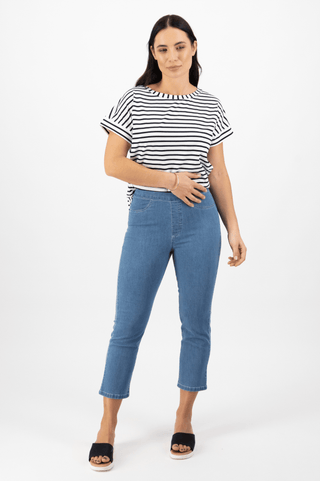 Denim 7/8 Length Pull On Pants - Mid Wash - 274 - All About A Girl