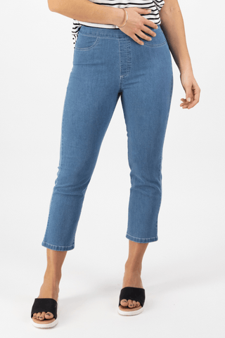 Denim 7/8 Length Pull On Pants - Mid Wash - 274 - All About A Girl