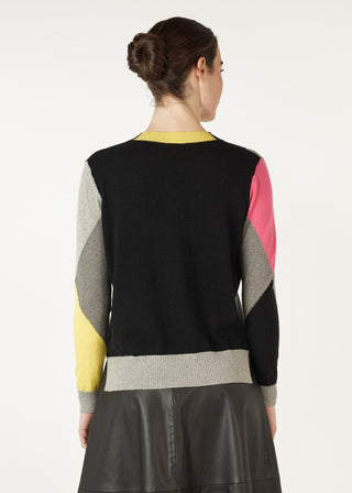 Back view of a woman wearing a colorblock knit sweater with pink, yellow, and grey panels.