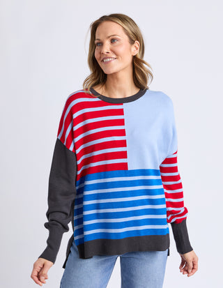 Effie Mixed Knit - Cranberry/Charcoal/Dusty Blue Stripe