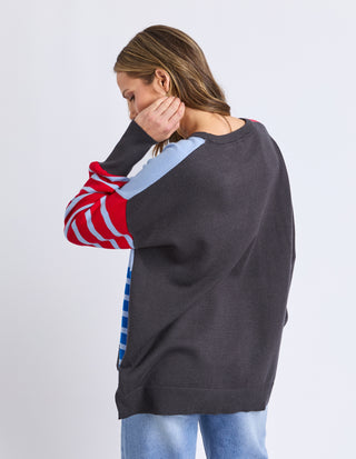 Effie Mixed Knit - Cranberry/Charcoal/Dusty Blue Stripe