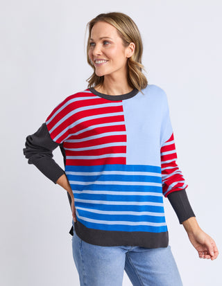 Effie Mixed Knit - Cranberry/Charcoal/Dusty Blue Stripe