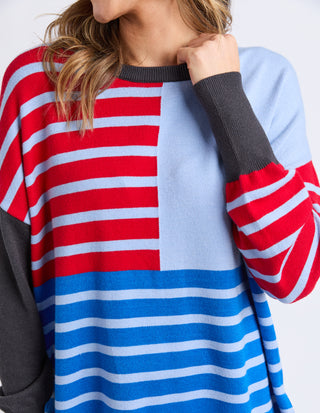 Effie Mixed Knit - Cranberry/Charcoal/Dusty Blue Stripe