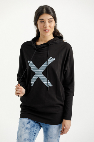 Ellen Long Sleeved Tee With Hood - Black with Stormy Stripe Cross