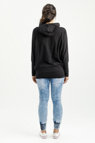 Ellen Long Sleeved Tee With Hood - Black with Stormy Stripe Cross