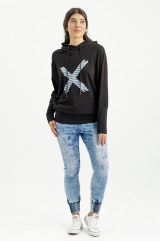 Ellen Long Sleeved Tee With Hood - Black with Stormy Stripe Cross