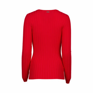 Red ribbed long sleeve knit top for women