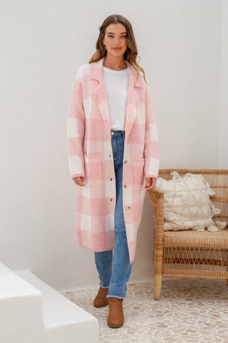 Grace+Co Checked Long Buttoned Coatigans - Blush/White - b5682 - allaboutagirl