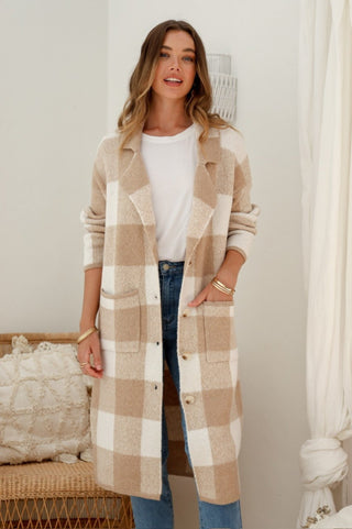 Grace+Co Checked Long Buttoned Coatigans - Latte/White - b5682 - allaboutagirl