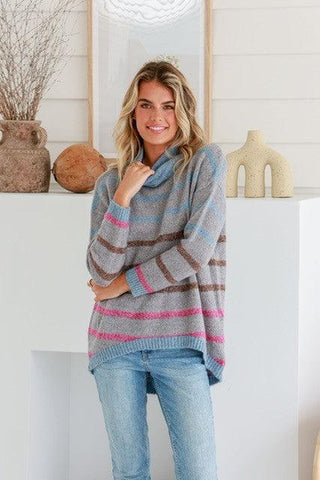 Grace+Co Striped Knit - Grey/Brown/Pink/Light Blue - b5616 - allaboutagirl
