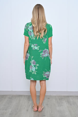Linen Dress - Big Floral Green