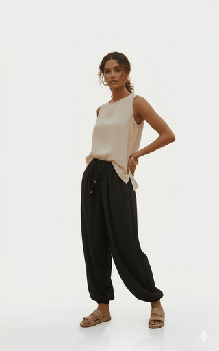 Woman wearing a beige sleeveless top, black drawstring harem pants, and tan sandals.
