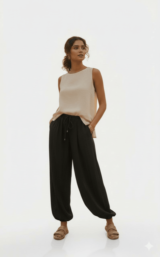 Woman wearing a beige sleeveless top, black drawstring harem pants, and tan sandals.