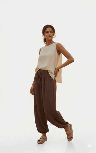 Woman wearing a cream sleeveless top, brown drawstring harem pants, and beige sandals.