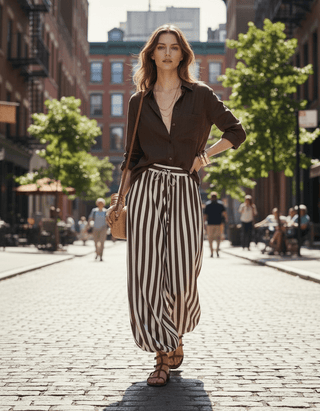 Woman wearing a brown button-down shirt and brown and white striped wide-leg pants on a city street.