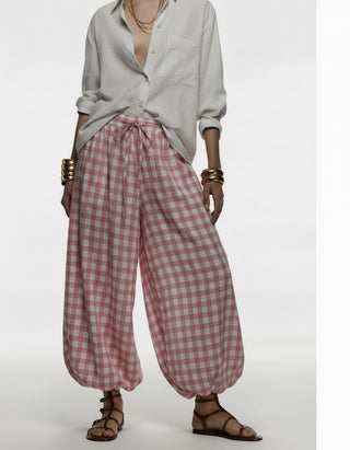 Havana Drawstring Balloon Pants - Blush Gingham
