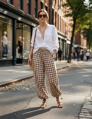 Havana Drawstring Balloon Pants - Chocolate Gingam