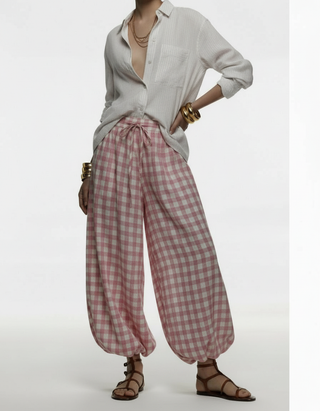 Havana Drawstring Balloon Pants - Blush Gingham