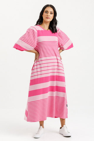 Homelee Ivy Midi Dress - Pink Irregular Stripe - HL431-02 - allaboutagirl
