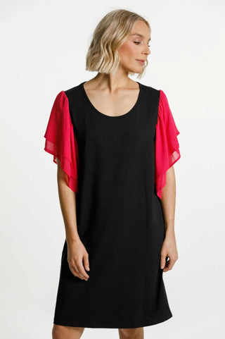 Homelee Lola Dress - Black with pink Flutter sleeve - HL310 PINK - allaboutagirl