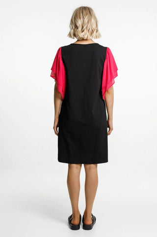 Homelee Lola Dress - Black with pink Flutter sleeve - HL310 PINK - allaboutagirl