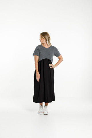 Homelee Margot Short Sleeve Dress - Charcoal/Black - HL418 01 - allaboutagirl