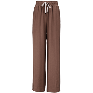 Brown wide-leg lounge pants with an elastic drawstring waist.
