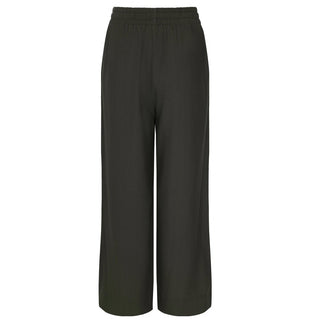 Dark olive green wide-leg culotte pants with an elasticated waistband.