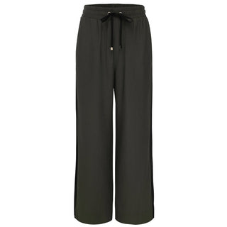 Dark olive green wide leg palazzo pants with elastic drawstring waist.