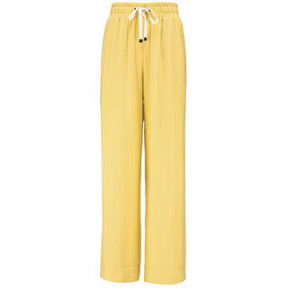 Yellow wide-leg lounge pants with an elastic drawstring waist.