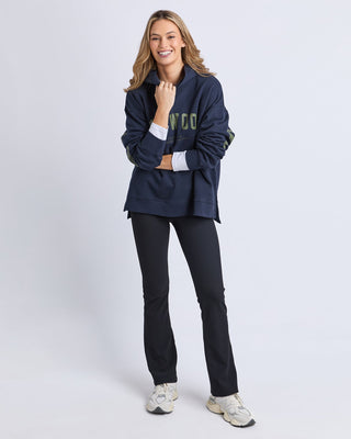 Foxwood Interval Hoodie in navy styled with casual bottoms