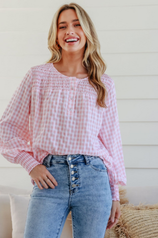 Gingham Long Sleeve Shirred Tops - Pink