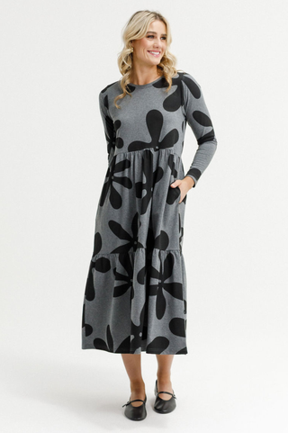 Long Sleeve Kaitlin Dress - Graphite Daisies