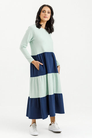 Kendall Long Sleeve Dress - Indigo and Seafoam Panels - HL398 W05 - allaboutagirl