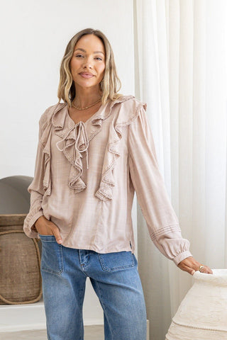 Lace Trim Ruffle Blouse - Blush - 10344 - All About A Girl