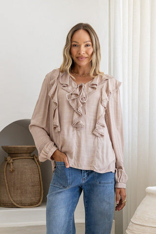 Lace Trim Ruffle Blouse - Blush - 10344 - All About A Girl