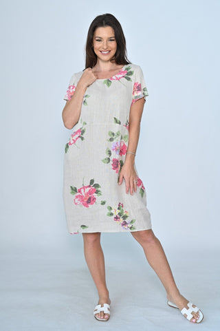Linen Dresses - Beige Big Floral - CA20139C-1 - allaboutagirl
