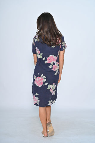 Linen Dresses - Navy Big Floral - CA20139C-4 - allaboutagirl