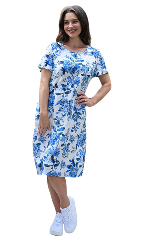 Linen Dress - Cobalt Leaf