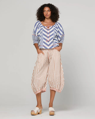 Boom Shankar Lucia Top Ocean Stripe styled with mustard Guru pants - AAAG