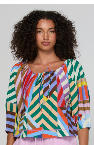 Boom Shankar Lucia Top Licorice Stripe, Tie neck close-up | AAAG